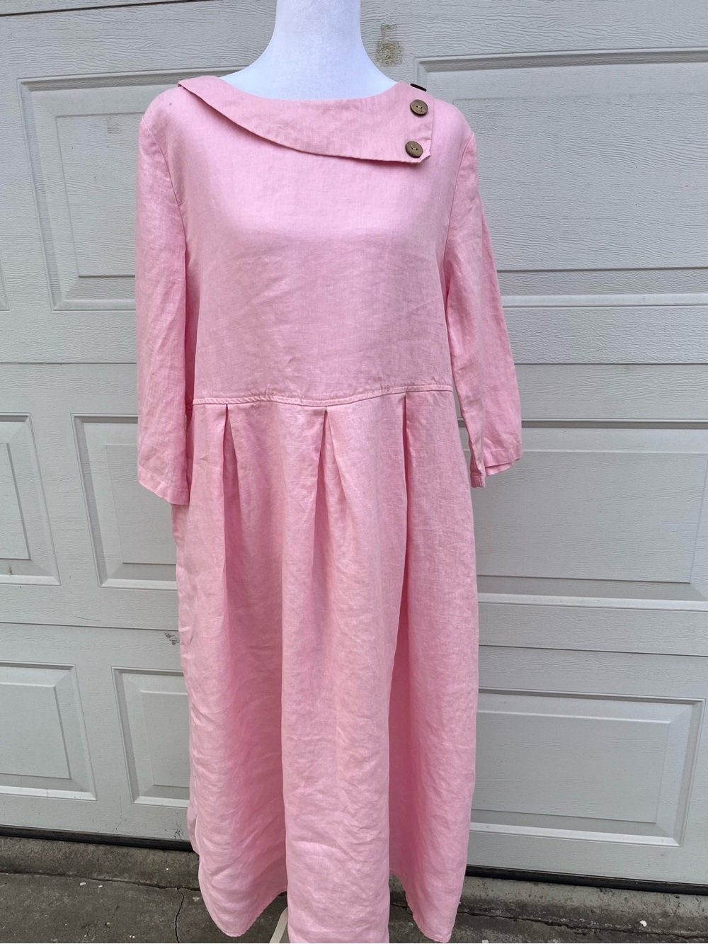 LINTICO 100% Linen Midi Dress pink long sleeves M lagenlook
